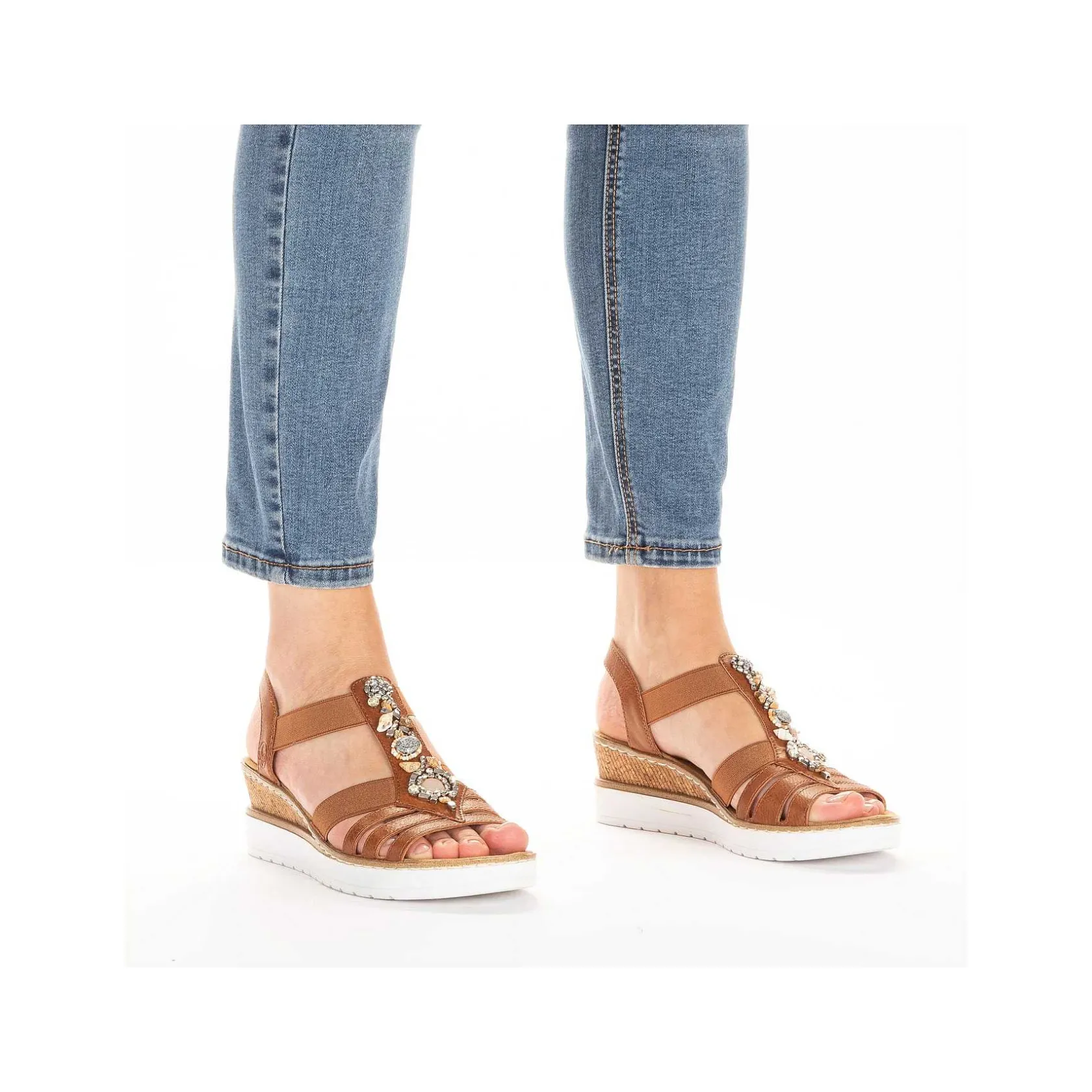 Rieker Heeled Shoes-Women'S Wedge Sandals Caramel Brown-Pure White