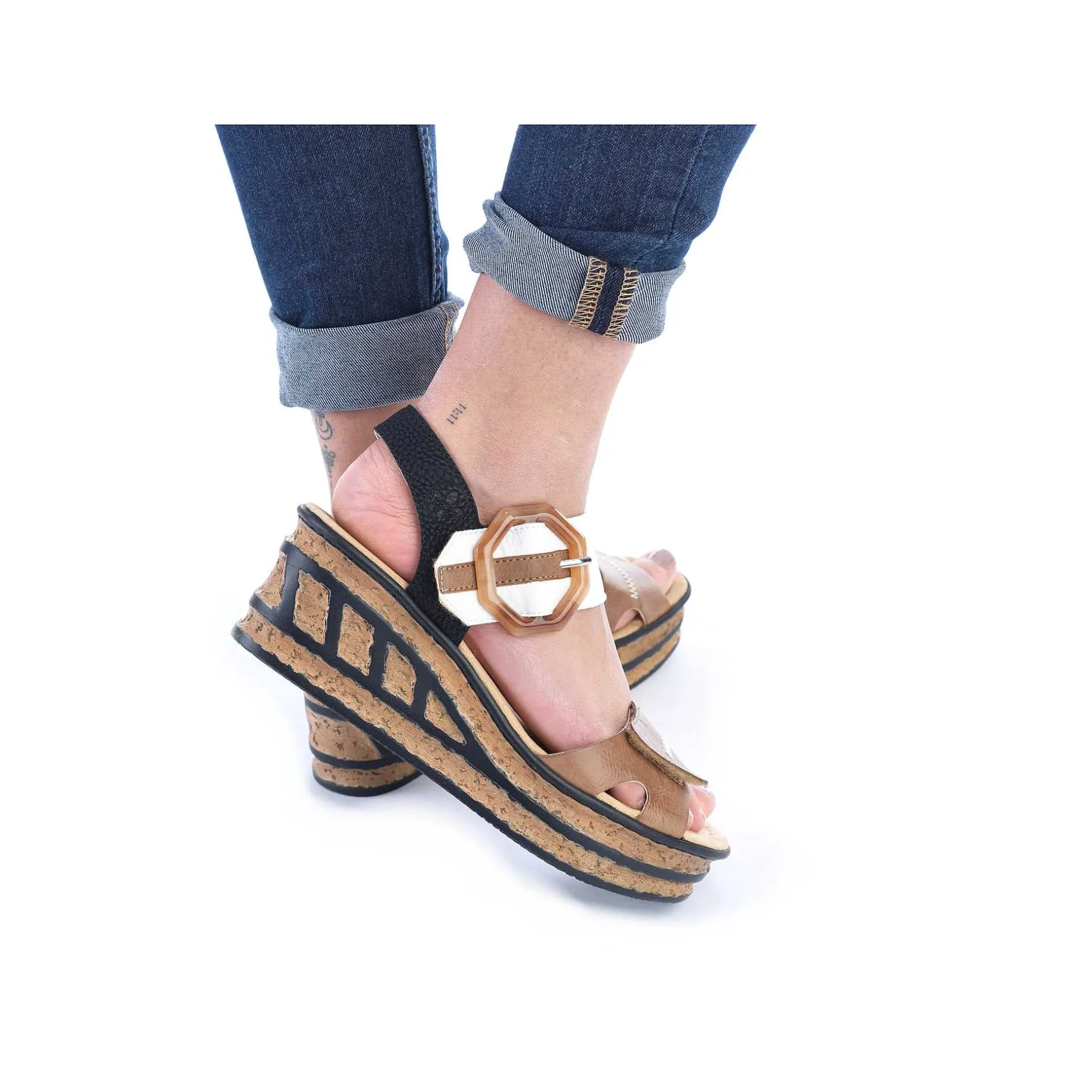 Rieker Summer Shoes-Women'S Wedge Sandals Brown Beige-Pure White