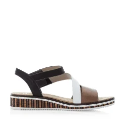 Rieker Heeled Shoes-Women'S Wedge Sandals Nougat Brown-Black-White